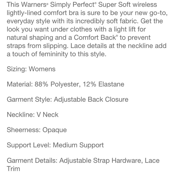 Warner's Simply Perfect Women's Supersoft
Lace Wirefree Bra Butterscotch 36B - Picture 4 of 4